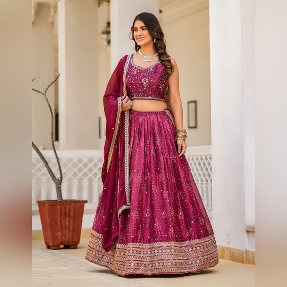 Elegant Maroon Faux Georgette Lehenga Choli – Perfect for Weddings & Special - Picture 1 of 11